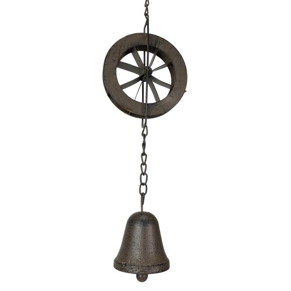 78-Inch Metal Rain Chain - 6 Water Wheels & Weighted Bell, Rustic Brown Finish - Picture 11 of 12